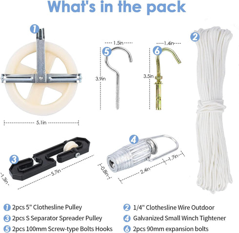 TooTaci Outdoor Clothesline Kit, 5" Nylon Clothes Line Pulley Kit, 150ft Clothesline Pulley Kit, Polyester Clothesline Rope Heavy Duty, Clotheslines S Separator Spreader, Clothesline Tightener, Hook